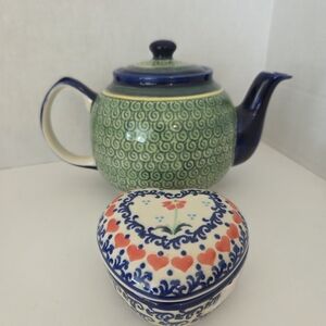 Polish Pottery Teapot, Heart Trinket Box And Small Plate